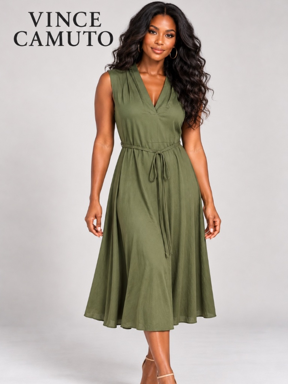 Vince Camuto Cap Sleeve Stretch Satin Belted Dress aka Satin Trapunto-Stitch